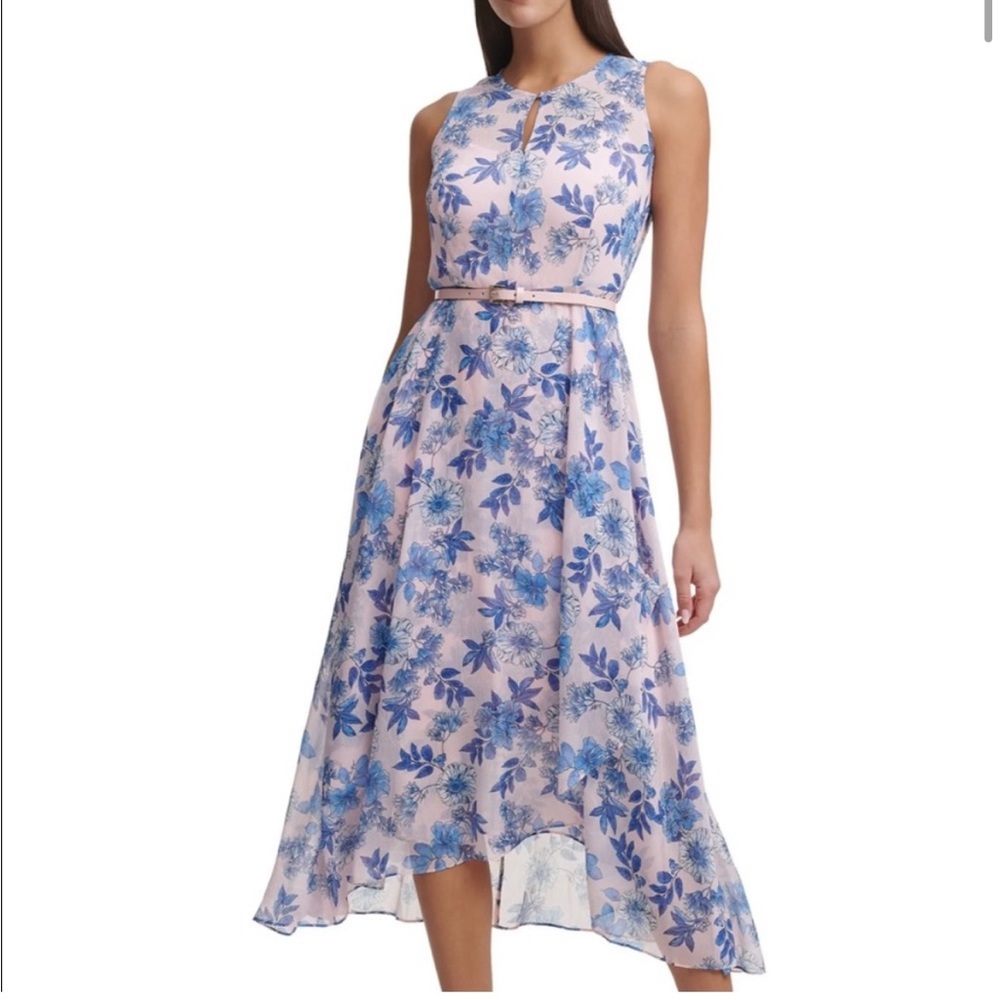 Tommy Hilfiger Sleeveless Asymmetrical Belted Delphos Garden Chiffon Maxi Dress